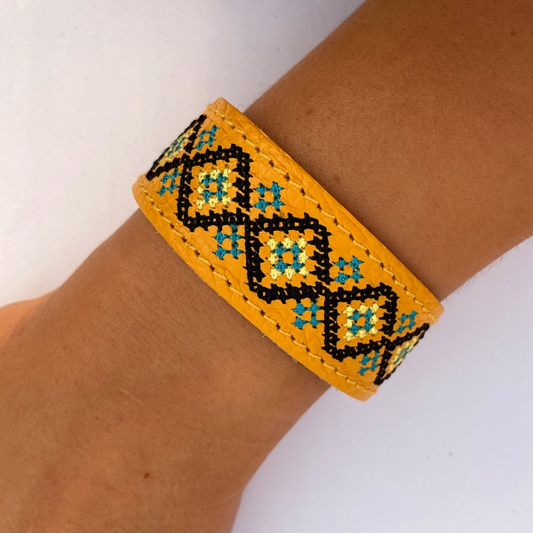 Embroidered Leather Bracelet, Yellow 1100064116 photo