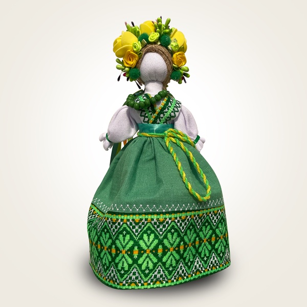 Traditional Motanka doll with a wooden stand, green 11000640-1 photo