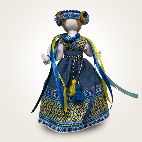 Traditional Motanka doll with a wooden stand, yellow-blue 11000640-3 photo