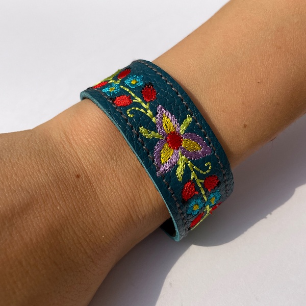 Embroidered Leather Bracelet, Blue 11000641-4 photo