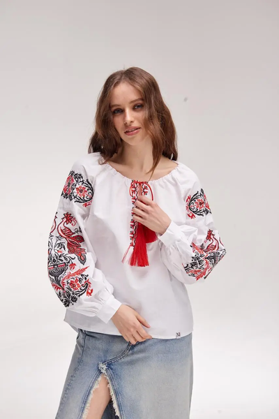 Women's blouse "Fire Bird", white with red 11000428 photo