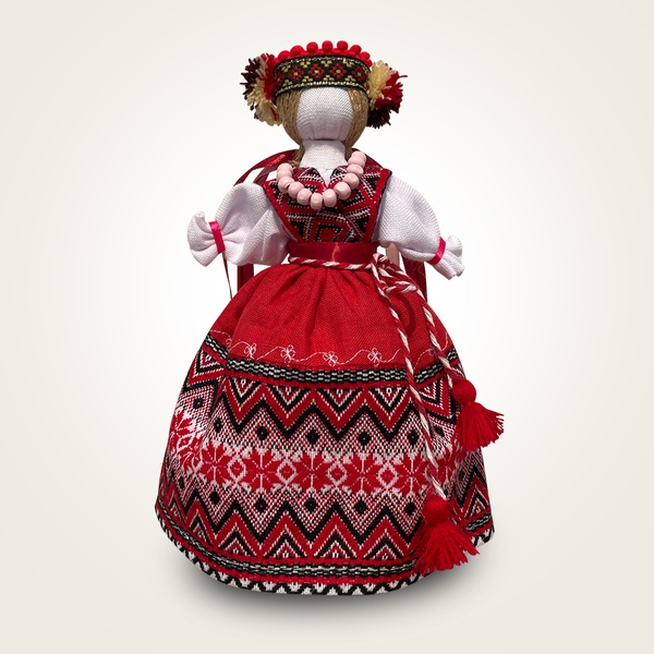 Traditional Motanka doll with a wooden stand, red 11000640-4 photo