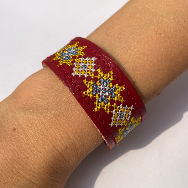 Embroidered Leather Bracelet, Red 110006416 photo