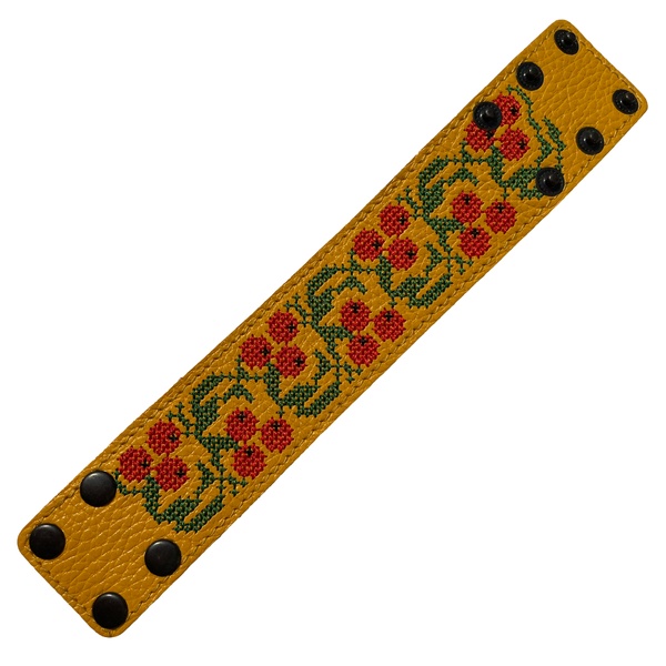 Wide leather bracelet with embroidery, Yellow 11000657-1 photo