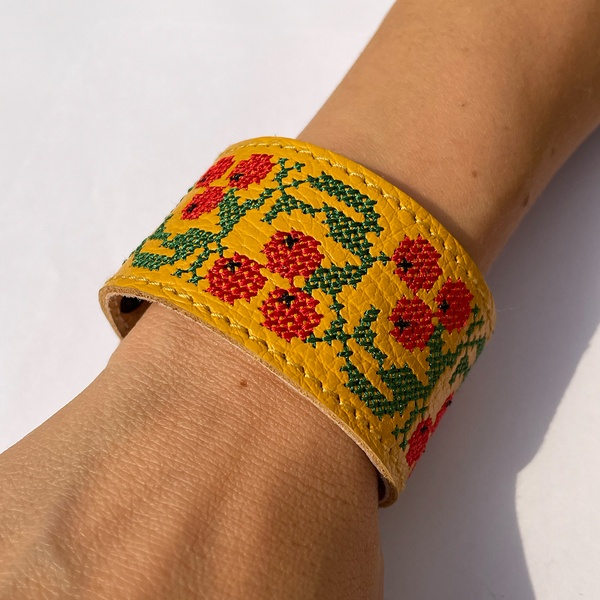 Wide leather bracelet with embroidery, Yellow 11000657-1 photo