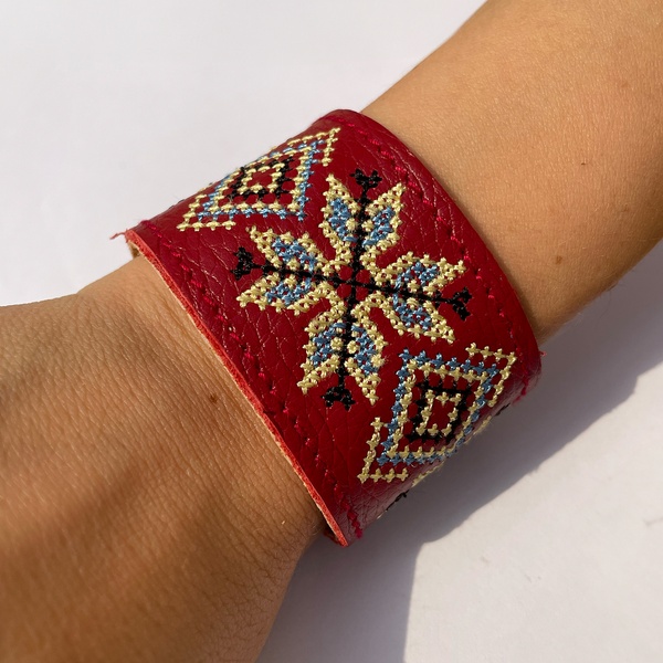 Wide leather bracelet with embroidery, Red 110006573 photo