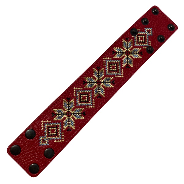 Wide leather bracelet with embroidery, Red 110006573 photo