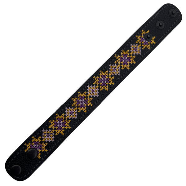 Embroidered Leather Bracelet, Black/Yellow 11000641-8 photo