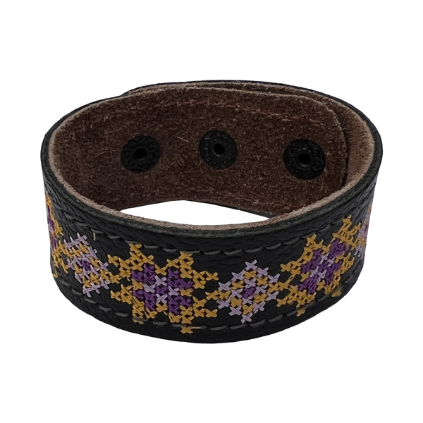 Embroidered Leather Bracelet, Black/Yellow 11000641-8 photo