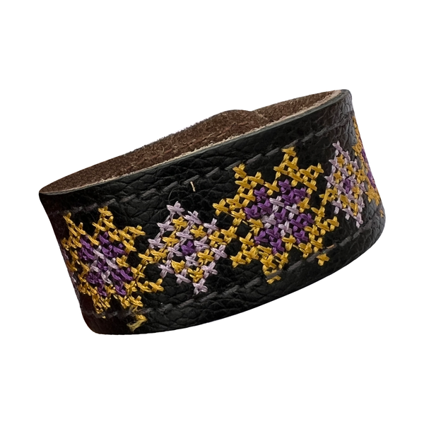 Embroidered Leather Bracelet, Black/Yellow 11000641-8 photo