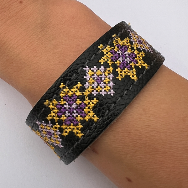 Embroidered Leather Bracelet, Black/Yellow 11000641-8 photo