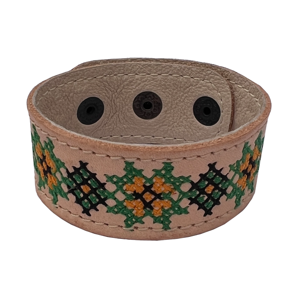 Embroidered Leather Bracelet, Beige/Green 11000641-9 photo