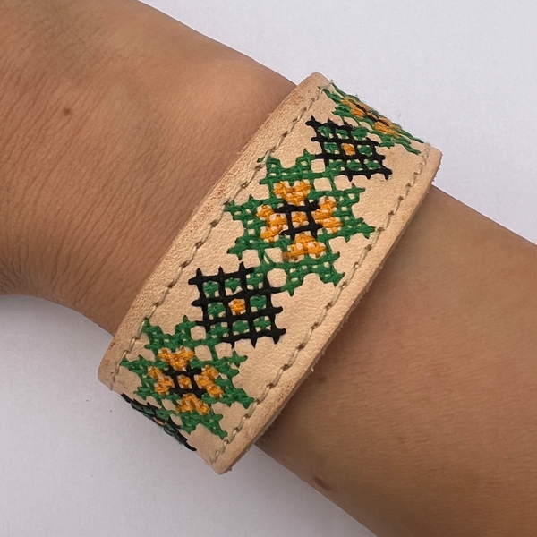 Embroidered Leather Bracelet, Beige/Green 11000641-9 photo