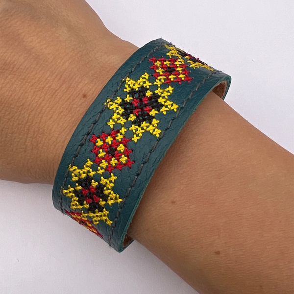 Embroidered Leather Bracelet, Blue/Yellow 11000641-11 photo