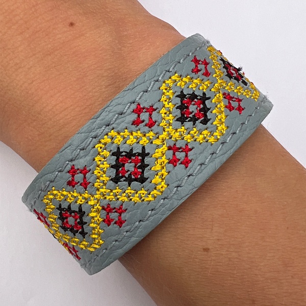 Embroidered Leather Bracelet, Grey/Yellow 1100064113 photo