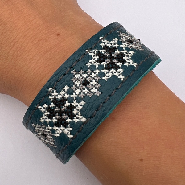 Embroidered Leather Bracelet, Blue/White 1100064114 photo